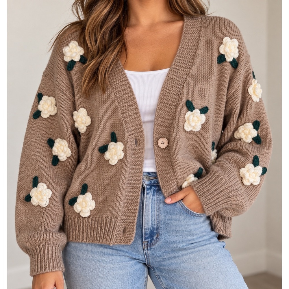 Luna Ivy Taupe Knit Cardigan 3D Crochet Flower Sweater Medium Whimsical Cottage